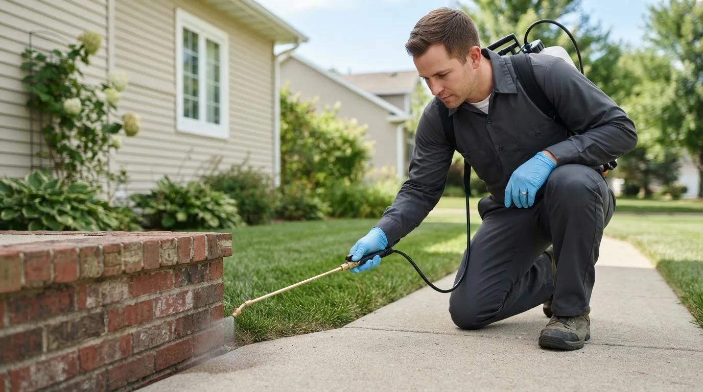 Pest control technician treating a home near Oelwein, IA