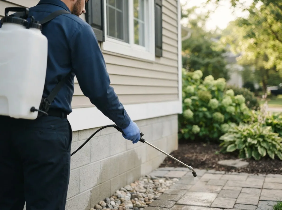 Pest control technician inspecting a home in Oelwein, IA